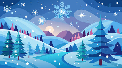 Christmas and New Year. Winter landscape with falling Christmas snowflakes, bokeh light, stars. Abstract white background