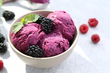 Canvas Print - Delicious blackberry sorbet, mint and fresh berries on grey table, closeup. Space for text