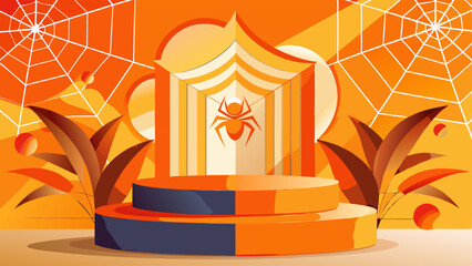 Wall Mural - 3d Podium in abstract orange and white composition with Spider and cobweb in halloween theme design. Vector illustration