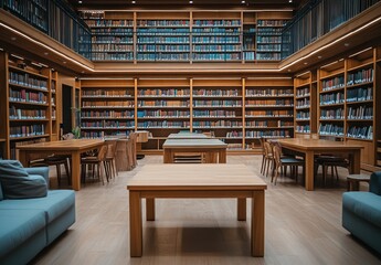 Poster - Modern Library Interior with Wooden Bookshelves