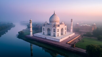 Taj Mahal at Sunrise: Bird's-eye view of the Taj Mahal glowing softly in the first light of dawn, with the Yamuna River reflecting the iconic mausoleum.
