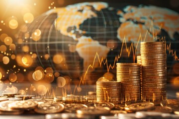 Poster - A stack of gold coins is on a table next to a globe