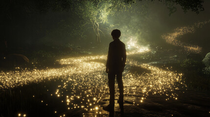 A person stands in a field of glowing gold sparks