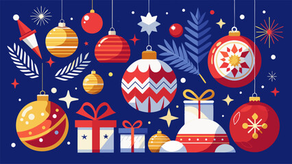 Wall Mural - Red and white christmas balls with ornaments snowflakes, gold bell and geometric on dark blue background. Christmas Banner, posters, headers, cards and website