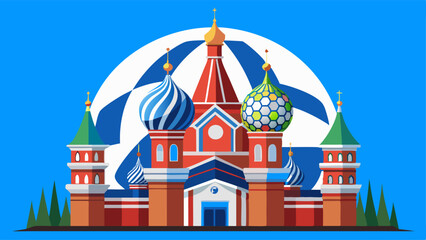 Wall Mural - Football 2018 world soccer championship. Football on Basil s Cathedral and blue line background