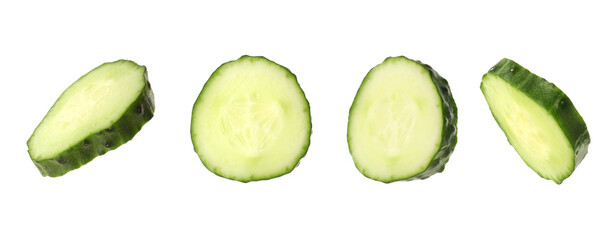 Wall Mural - Round cucumber slices isolated on white, collage