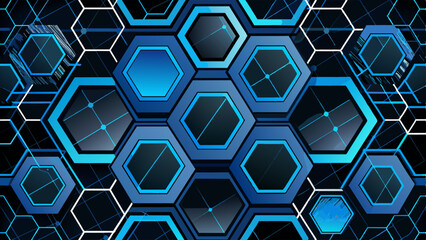 Black abstract pattern hexagons and blue cracked surface. Technology concept