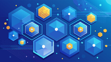 Abstract hexagons on blue background with lights. Technology con