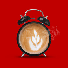 Canvas Print - Black alarm clock with coffee instead of dial on red background