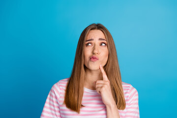 Poster - Photo of dreamy charming cute woman wear trendy pink clothes look up empty space isolated on blue color background