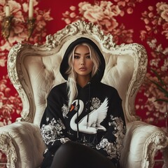 Fashion photo of black and white colors, strong profile portrait fashion model sitting in chair wearing hoodie, modern interior design, red wallpaper wall background, couch with flowers.