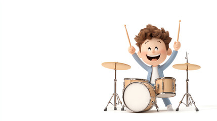 A happy cartoon boy drumming enthusiastically on a colorful drum set, showcasing joy and passion for music.