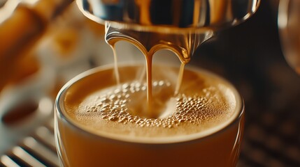 Close-up of Espresso Pouring into Coffee Cup