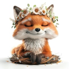 Wall Mural - A cute cartoon fox with a flower wreath on a white background creates a sweet and cheerful image for a children's card or adorable book design.