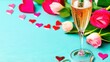 © Kateryna - Vilentine’s greeting card with flowers, hearts, a glass of champagne and empty space