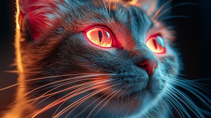 Halloween neon glowing cat featuring vibrant colors and captivating atmosphere, perfect for spooky designs and festive promotions with copy space.