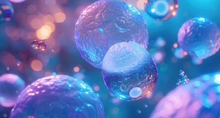 Wall Mural - A close up of glowing blue cells in a laboratory, with the focus on one cell that is surrounded by several smaller glass spheres. The background has a purple gradient, creating a sense of depth and co