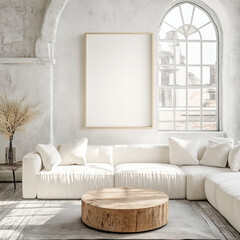 Wall Mural - Grunge old accent coffee table near white sofa against arched window and white wall with big art poster frame. Minimalist, art deco interior design of modern living room, home