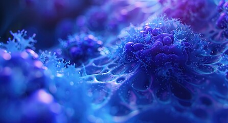 Wall Mural - Close-up of blue cells in an artificial human cell, in a microscopic view. Blue light illuminates the scene. The background is blurred to emphasize details inside each cell. A purple hue adds depth an