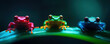© Narongsak - A stunning close-up showcases three vibrant frogs, each uniquely colored?red, green, and blue?perched on a lush leaf, creating a striking contrast against a dark background.