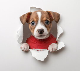 Poster - Jack russell terrier puppy peeking through hole in paper