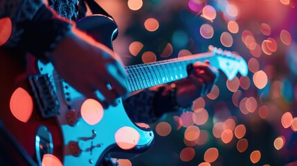 Electronic guitar set against a blurred concert backdrop, highlighting a festive and energetic atmosphere.