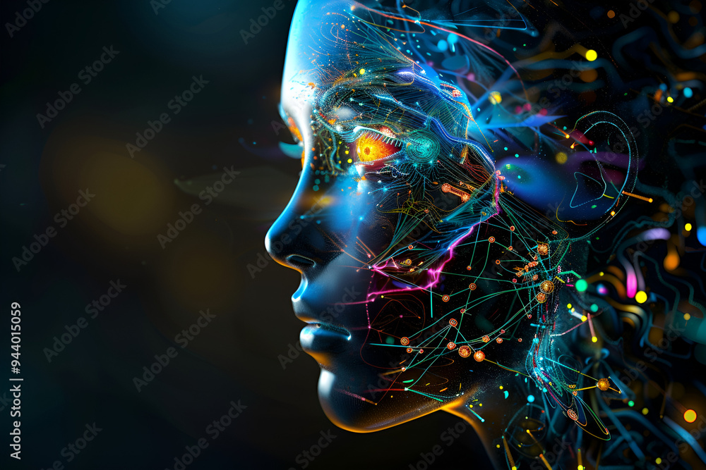 Futuristic AI humanoid head with neon neural network, blue and yellow ...