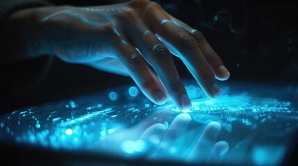 Poster - Close-up of a hand interacting with a touch screen device, symbolizing technology and innovation.