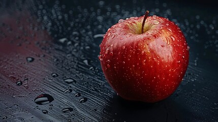 Sticker - Red Apple with Water Drops on a Black Background