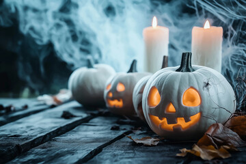 Wall Mural - White pumpkins carved with Halloween faces, surrounded by candles, cobwebs, and smoke in a spooky scene.