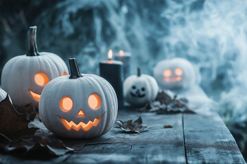 Wall Mural - White jack-o'-lanterns glowing amid autumn leaves and smoke, with dark candles in a spooky Halloween setup.