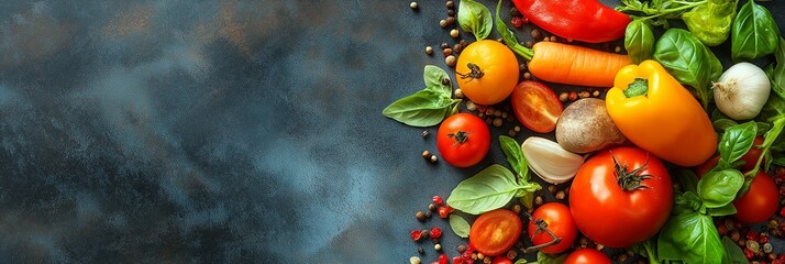 Wall Mural - A colorful and vibrant assortment of fresh vegetables including tomatoes, basil, peppers, placed neatly on a rustic table.