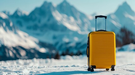 A bright plastic travel suitcase standing on the snow with majestic snowy mountains in the background, highlighting adventure and travel