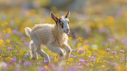 Wall Mural - A young shetland goat foals sprints over a flower filled grasslands