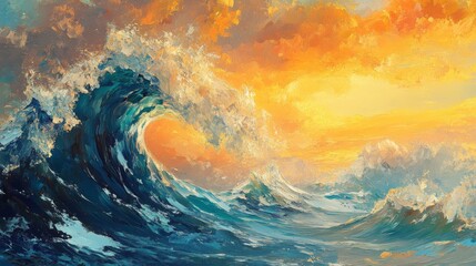 Sticker - Vibrant Abstract Seascape With Dramatic Waves and Sunset Colors