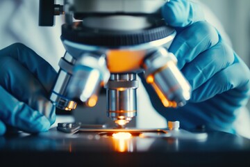 Wall Mural - A person is looking through a microscope, examining a small object