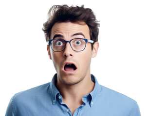 PNG Blue shirt is acting frightened closed up glasses adult man.