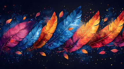 Wall Mural - Colorful Feathers and Shimmering Dust Abstract Background