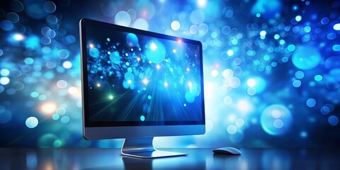 Computer Screen Displaying Blue Bokeh Lights with a Wireless Mouse - A Digital Nighttime Scene