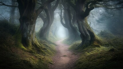 A misty path through a dense forest of ancient trees, with sunlight breaking through the canopy and illuminating the way ahead.