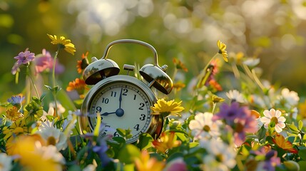 An alarm clock is shaded by vivid spring flowers on a backdrop of calm nature