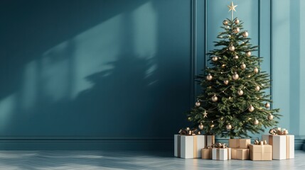 Beautiful Christmas tree with gifts near blue textured wall. Monochrome empty living room. Wall scene mockup. Winter background.