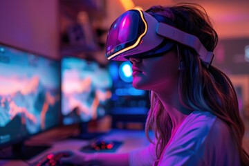 Poster - A woman is wearing a virtual reality headset and looking at a computer screen