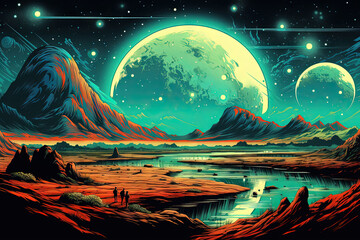 Wall Mural - Alien planet landscape with mountains and moon over horizon in retro style