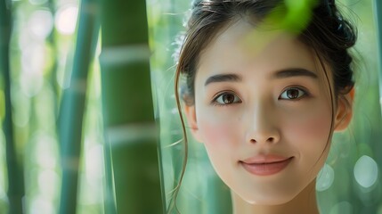 Close-up of a Japanese skincare model in a bamboo grove, applying natural lotion, soft light filtering through bamboo, calm and serene expression, hd quality, natural look, vibrant greenery,