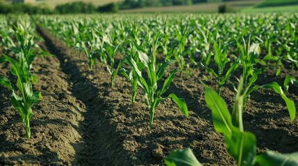 Wall Mural - Young Corn Plants in a Row