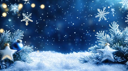 Wall Mural - blue christmas background with snowflakes, stars and empty space. copy space for your text. merry xm