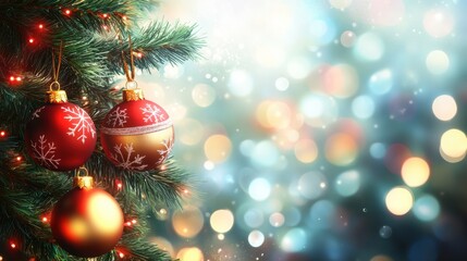 Wall Mural - christmas and new year background. decorated christmas tree bauble on bokeh background.
