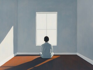 Wall Mural - a quiet, empty room with a single, open window, where a figure sits in meditation, their sadness rep