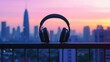 © JP STUDIO LAB - Close-up of headphones on a balcony railing with a glowing cityscape in the background, capturing the essence of lo-fi music